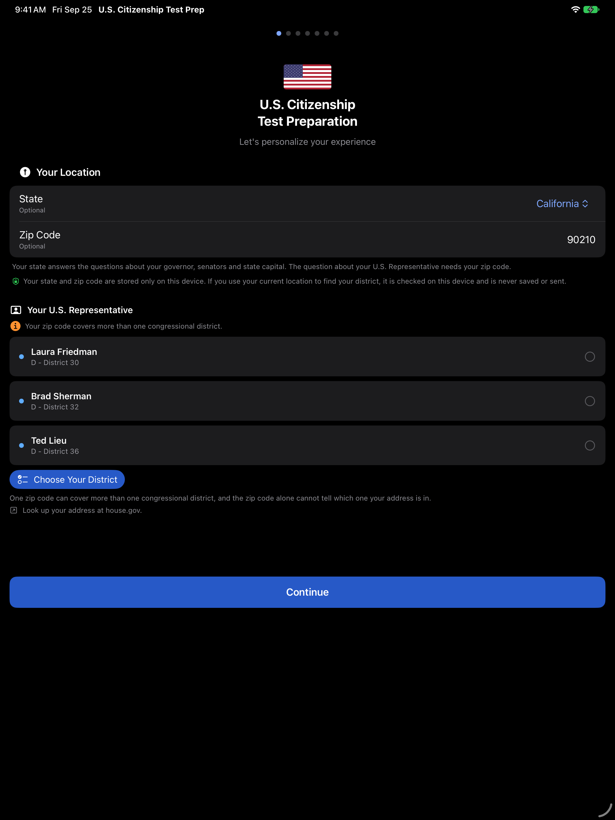 Onboarding with a state and zip code filled in, listing the three districts that cover it, on iPad