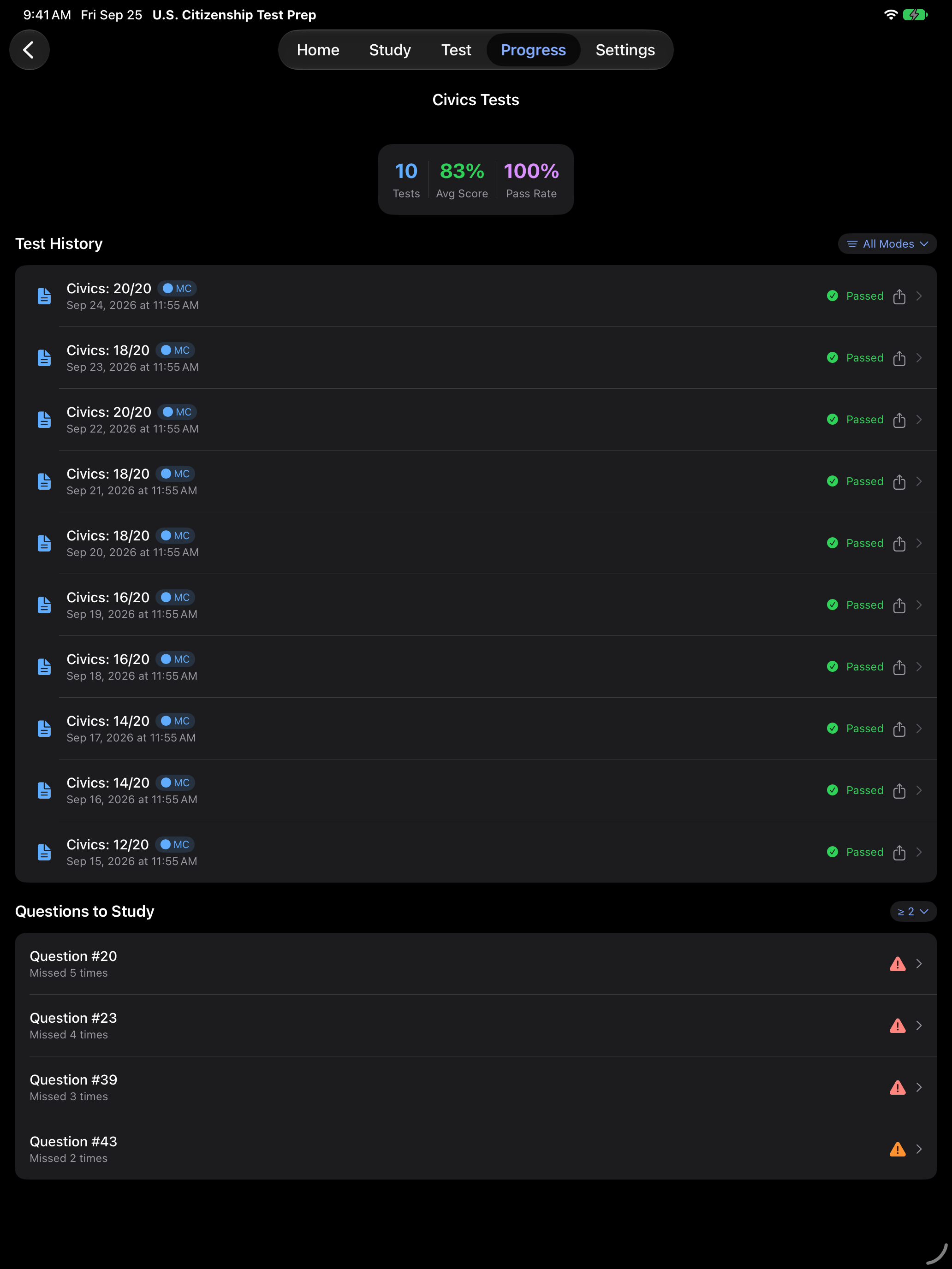 Civics test history on iPad