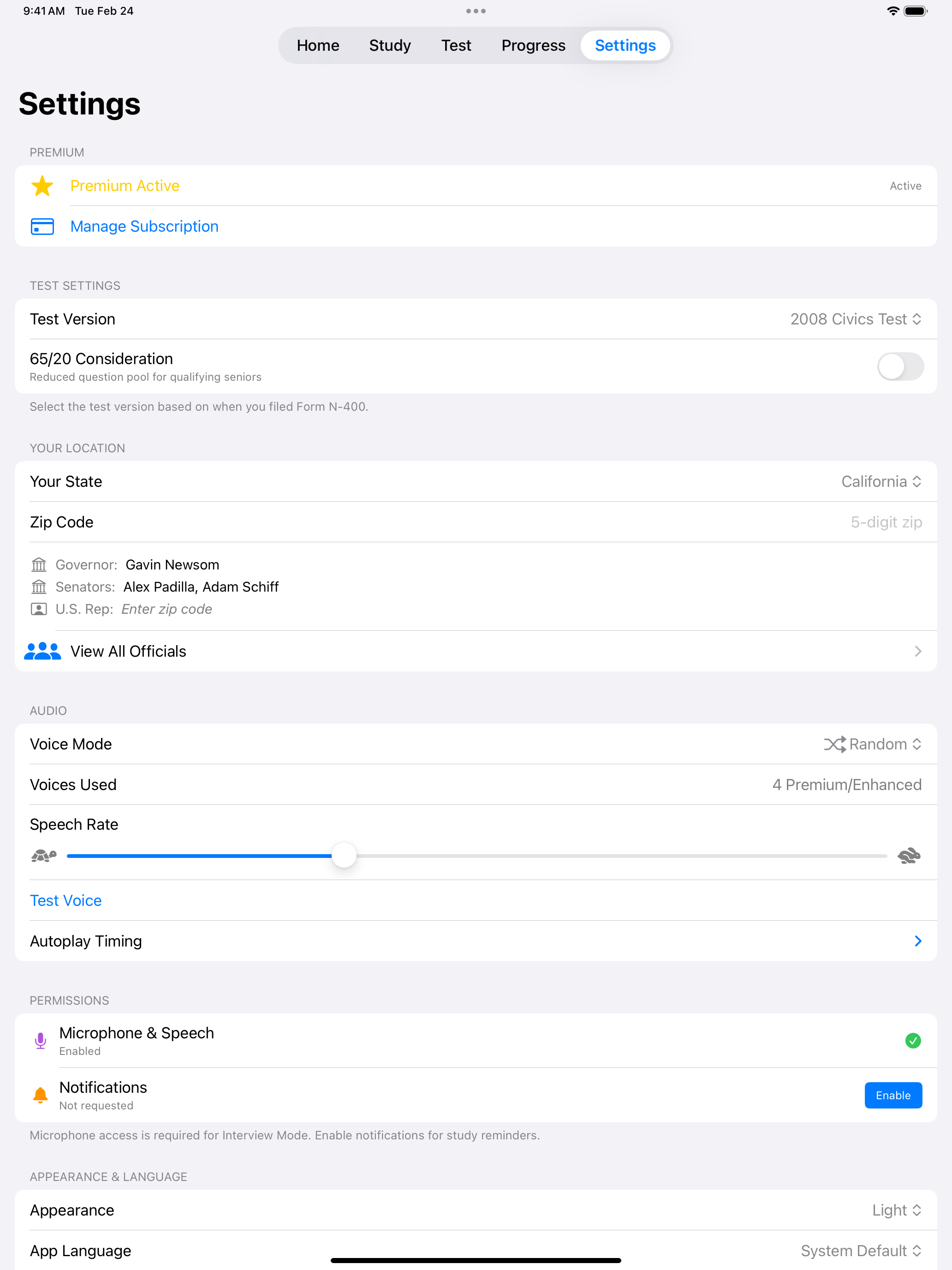 Settings screen on iPad