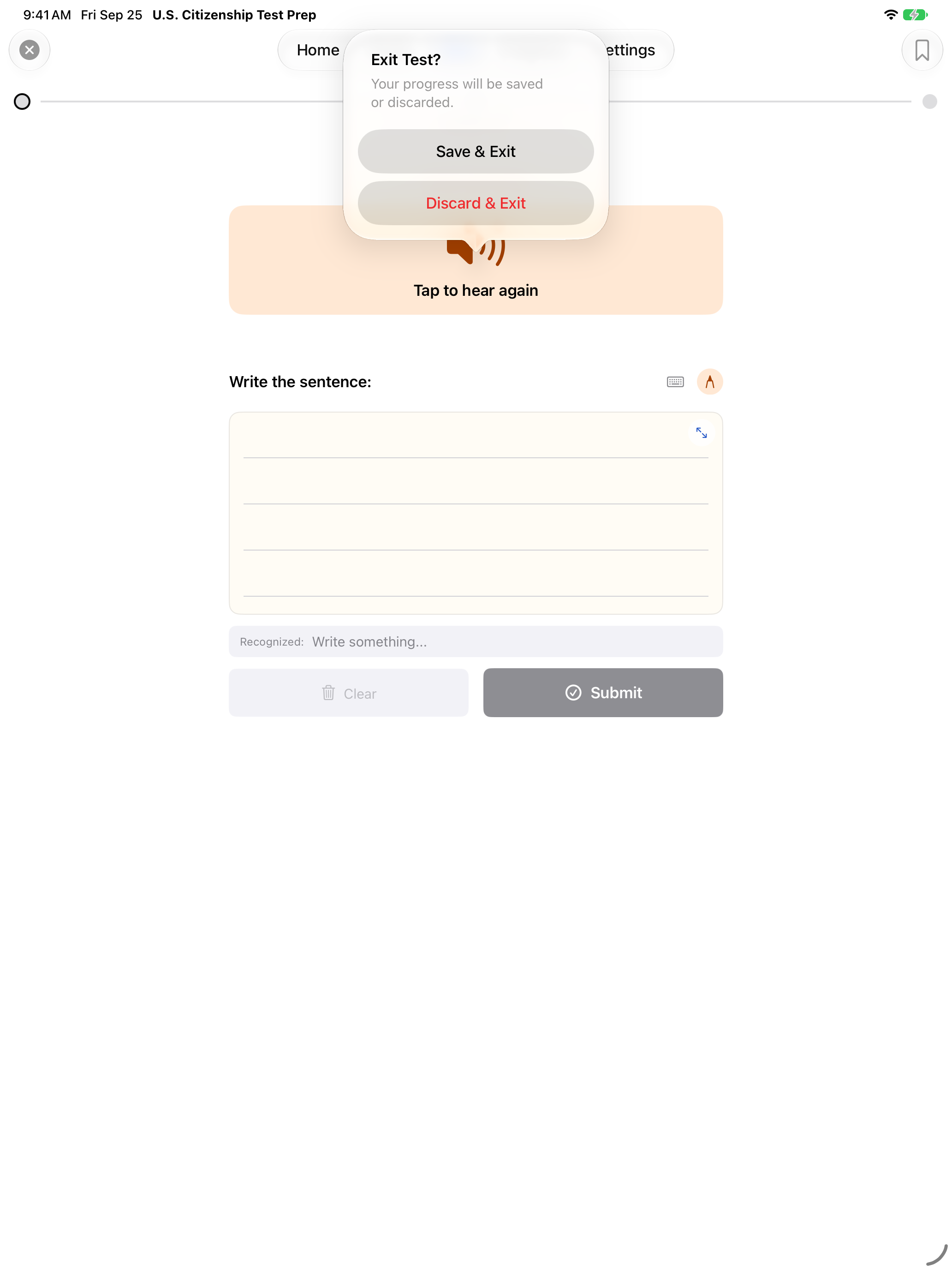 The dialog for leaving a writing test early, with Save & Exit and Discard & Exit on iPad
