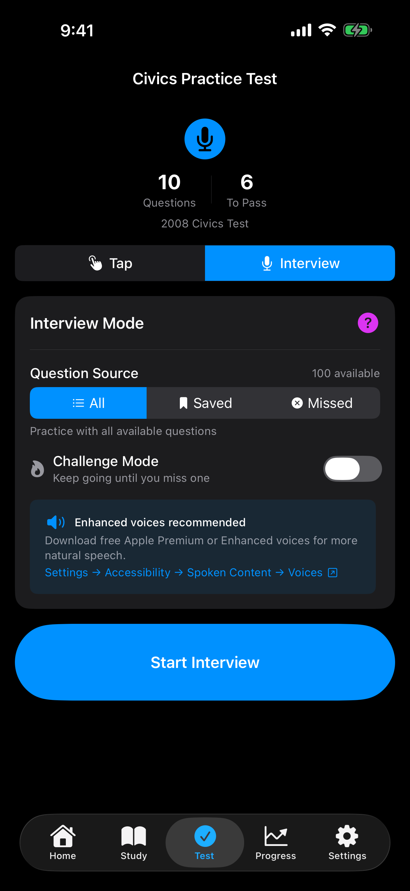 Interview start screen on iPhone