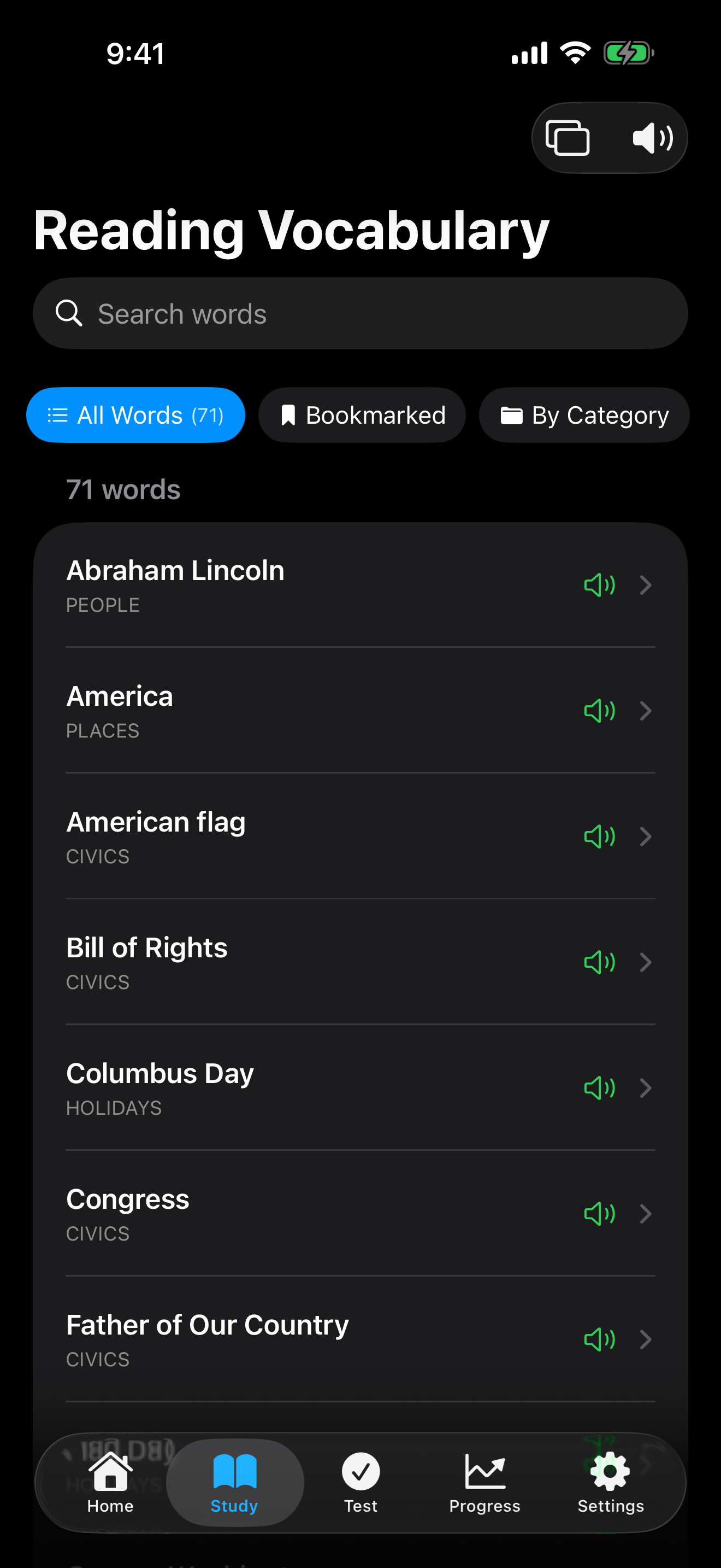 Reading vocabulary browser on iPhone