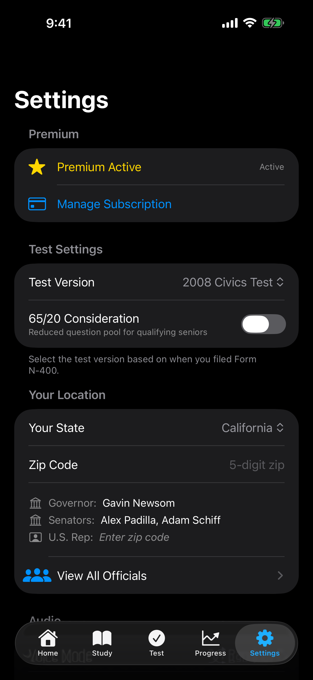 Settings screen on iPhone