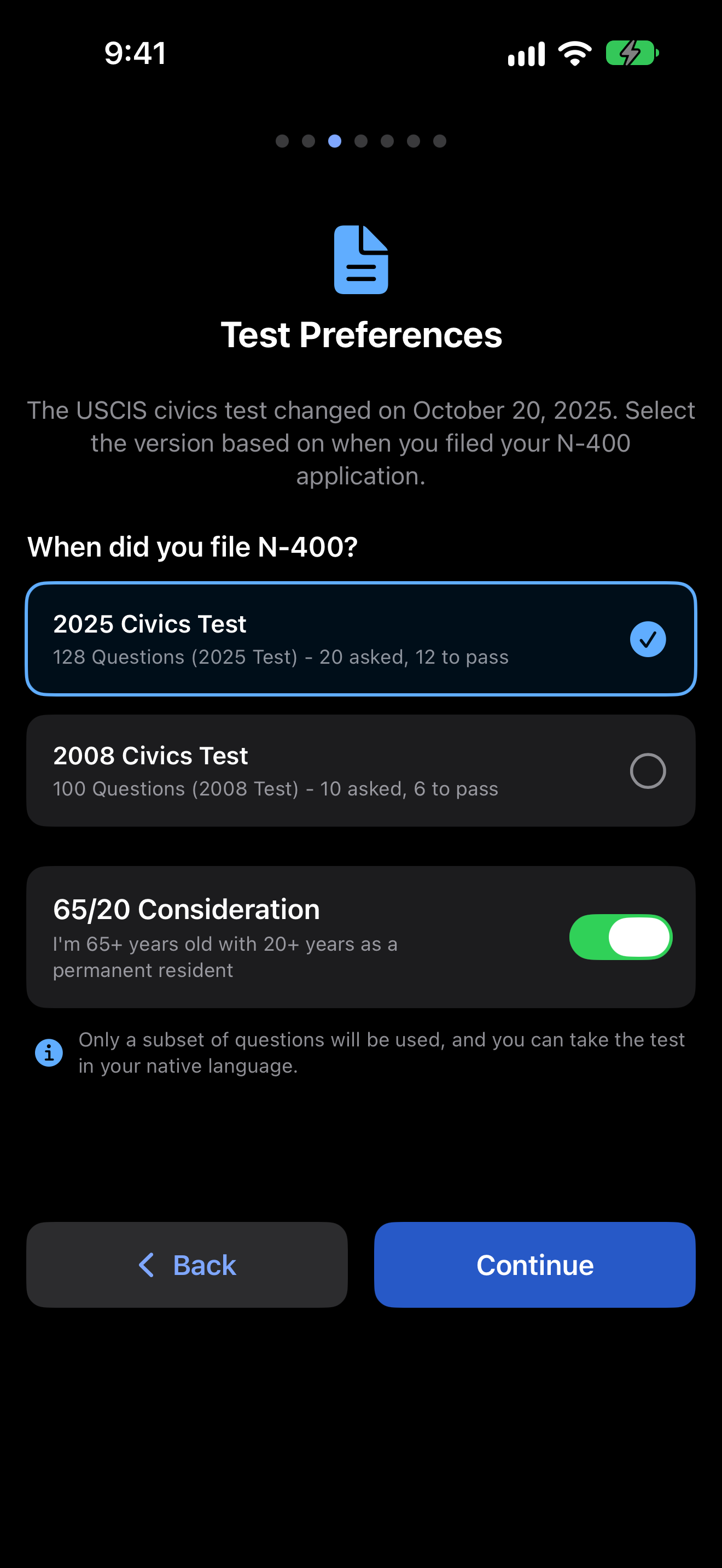 The 65/20 consideration turned on during onboarding, on iPhone