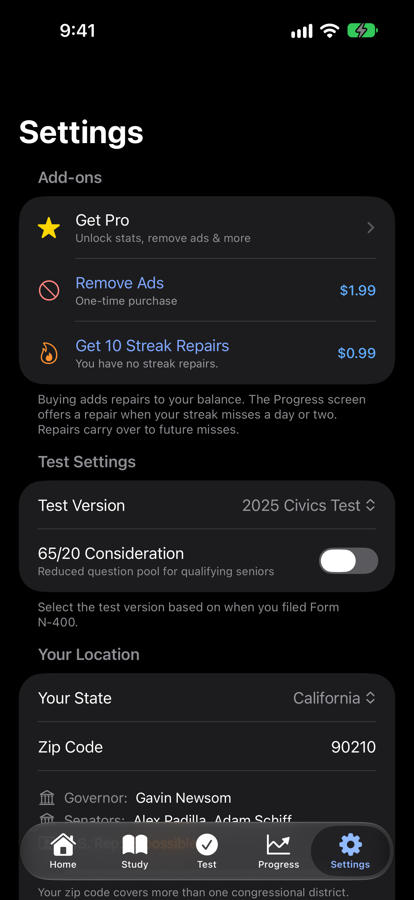 The Add-ons section before any purchase, with the Streak Repairs row, on iPhone