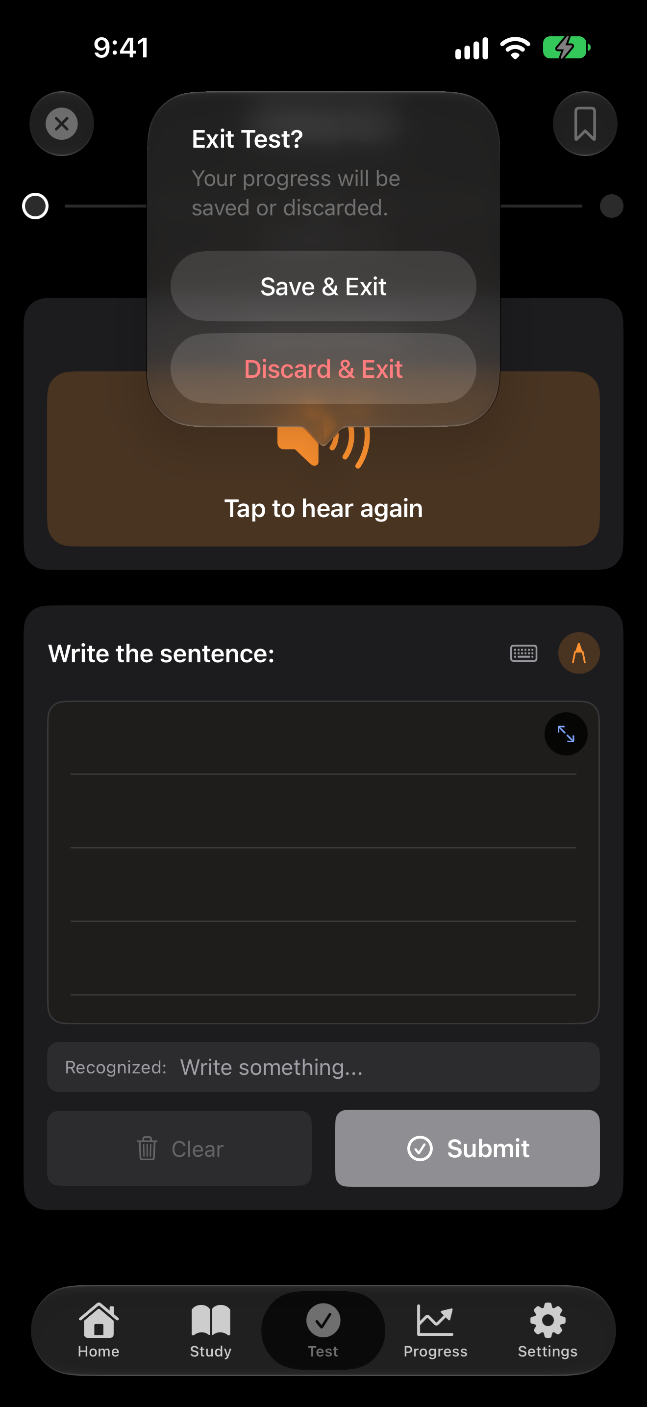 The dialog for leaving a writing test early, with Save & Exit and Discard & Exit on iPhone