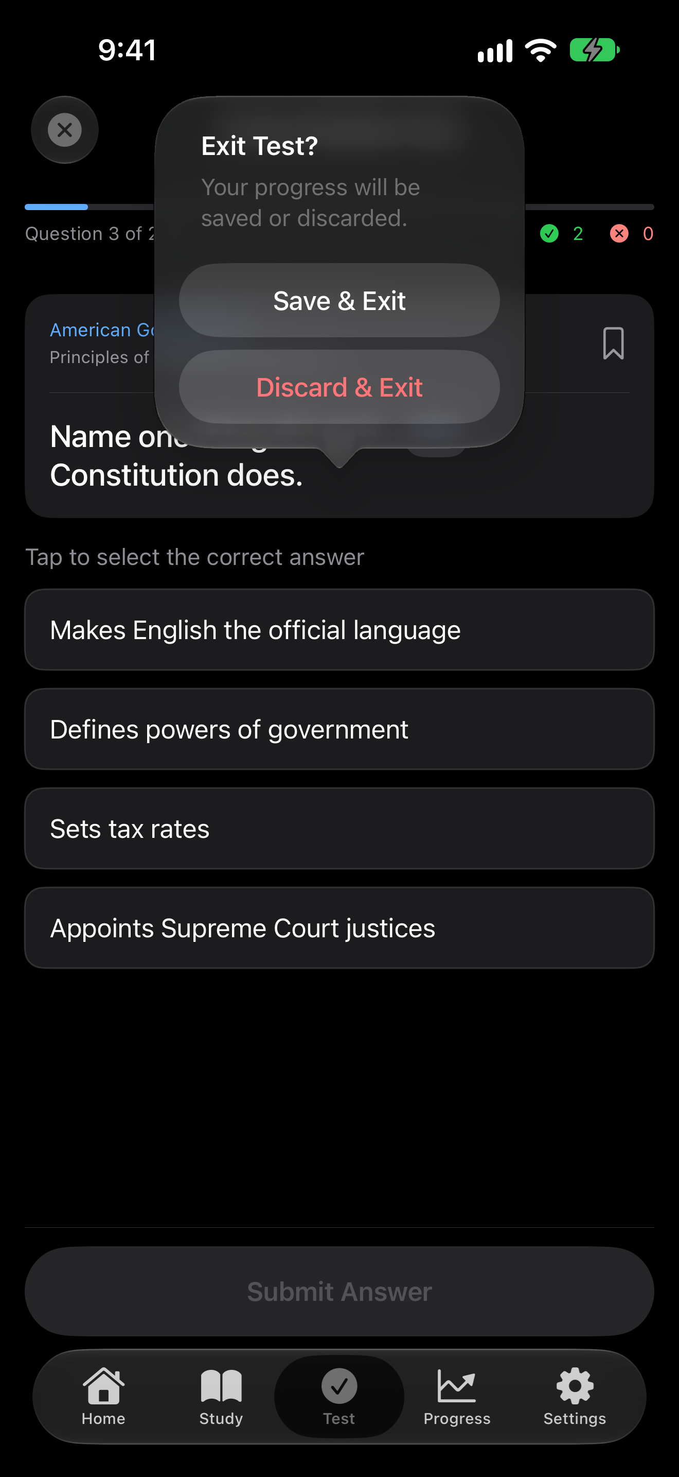 The dialog for leaving a civics test early, with Save & Exit and Discard & Exit on iPhone