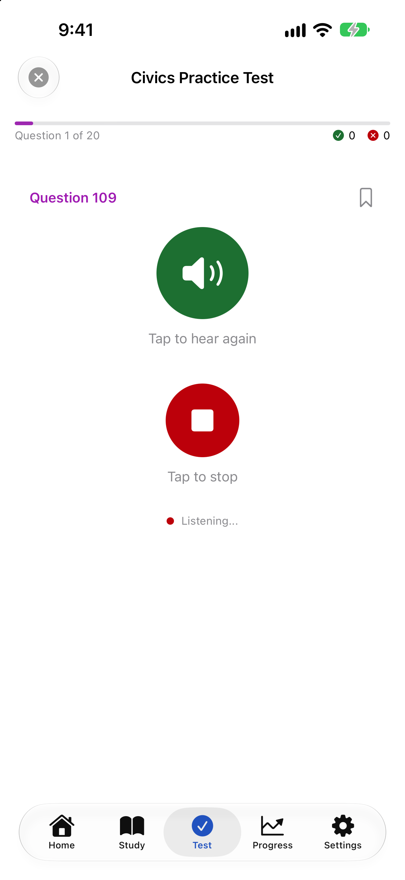 The app listening for a spoken answer on iPhone