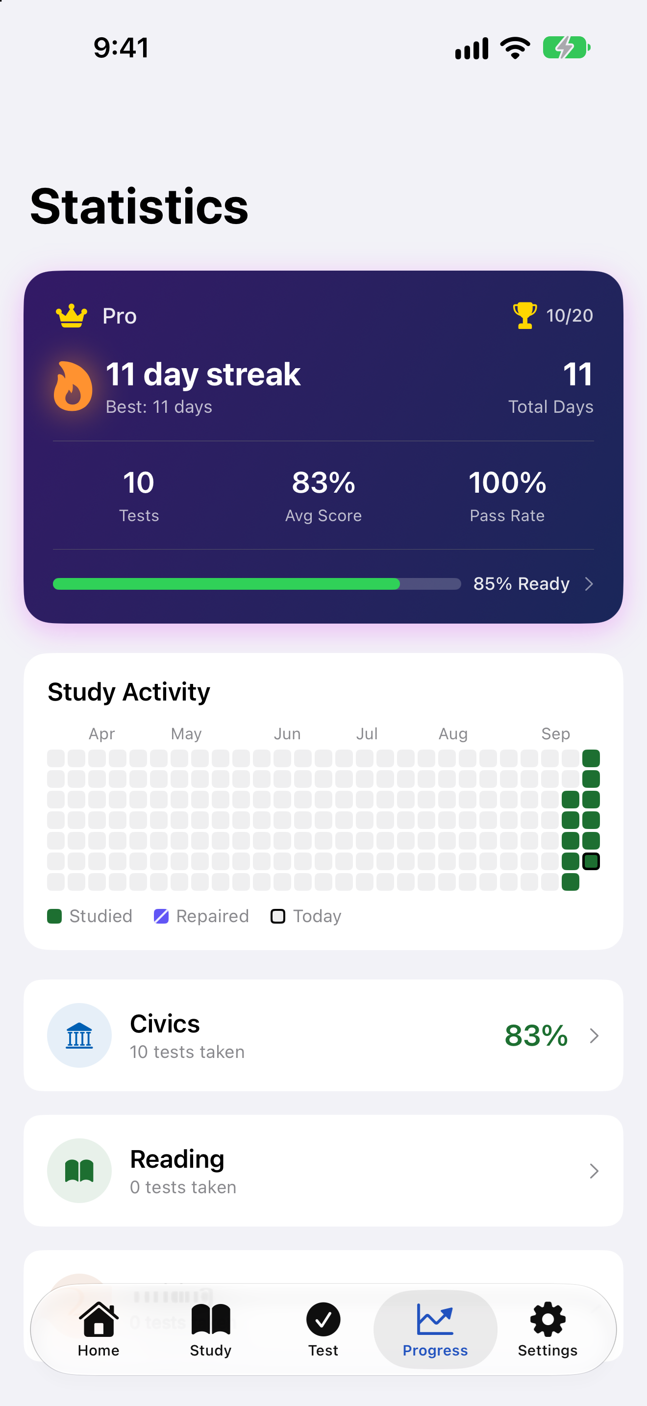 Study streak on the statistics screen on iPhone
