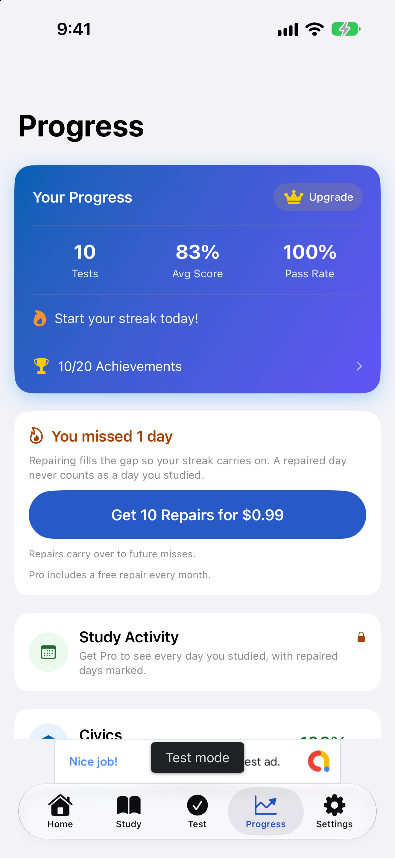 Streak repair offered after a missed day on the free Progress screen on iPhone